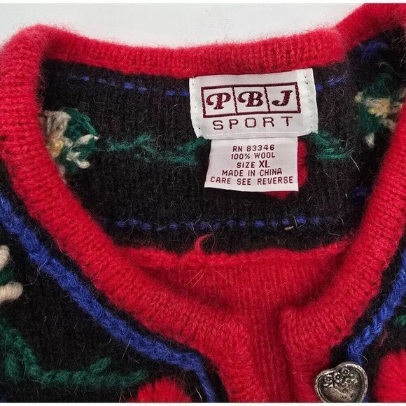 PBJ Sport Womens XL Red Wool Cardigan With Heart Buttons & Floral Embroidery - Picture 5 of 7